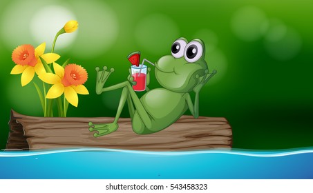 Cute frog drinking juice on the log illustration