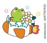 Cute frog drive rocket space carry flower.Reptile animal character cartoon.Floral and vine.Image for baby product,sticker,print screen.Kawaii.Vector.Illustration.
