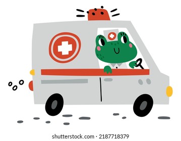 Cute frog driving ambulance. Animal car driver