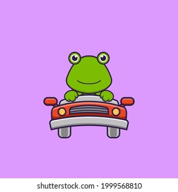 Cute frog is driving. Animal cartoon concept isolated. Can used for t-shirt, greeting card, invitation card or mascot.