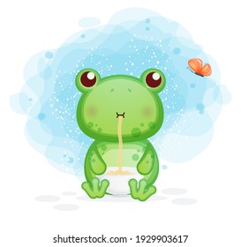 Cute frog eat noodle cartoon illustration. animal food Premium Vector