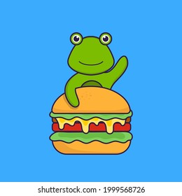 Cute frog eating burger. Animal cartoon concept isolated. Can used for t-shirt, greeting card, invitation card or mascot.