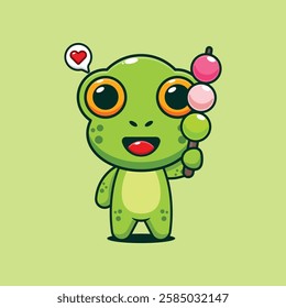 Cute frog eating dango cartoon vector illustration. vector cartoon illustration suitable for poster, brochure, web, mascot, sticker, logo and icon.