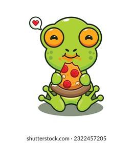 cute frog eating pizza cartoon vector illustration.