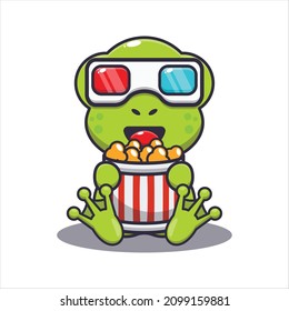 Cute frog eating popcorn and watch 3d movie. Cute cartoon animal illustration.