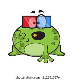 Cute frog eating popcorn and watch movie in 3d glasses. Cute cartoon animal illustration on white