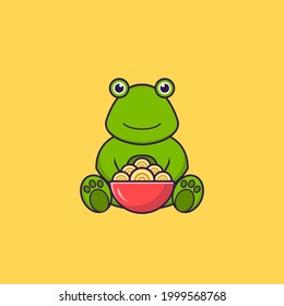 Cute frog eating ramen noodles. Animal cartoon concept isolated. Can used for t-shirt, greeting card, invitation card or mascot.