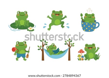 Cute frog element set camping and swimming cartoon illustration collection