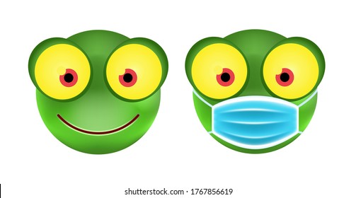 Cute Frog Emoticon with Face Mask on White Background . Isolated Vector Illustration