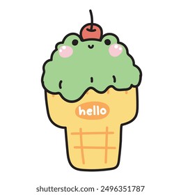 Cute frog face with cherry on ice cream cone.Dessert,sweet,food.Reptile animal character cartoon design.Kawaii.Vector.Illustration.