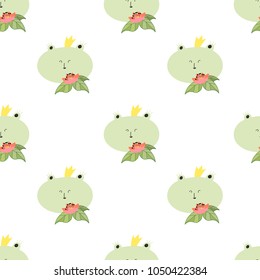 Cute frog face with crown and flower bouquet seamless pattern. Kids background. Nursery design.