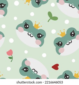 Cute frog face with flowers, heart and dots. Green animals kids seamless pattern background for wrapping paper print, fabric and textile. Kawaii digital paper with princess frog.