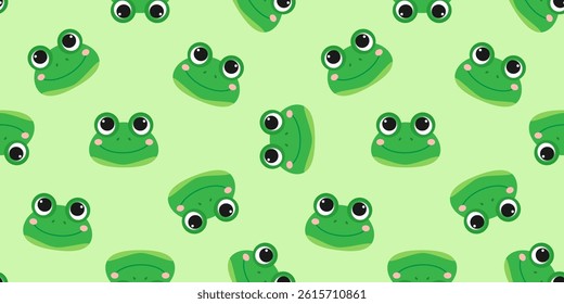 cute frog  faces on green background seamless pattern print design vector illustration