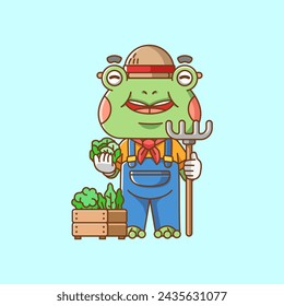 Cute Frog farmers harvest fruit and vegetables cartoon animal character mascot icon flat style illustration concept set