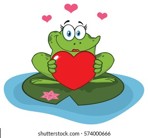 Cute Frog Female Cartoon Mascot Character In A Pond Holding A Valentine Love Heart. Vector Illustration Isolated On White Background