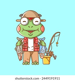 Cute frog fisher fishing animal chibi character mascot icon flat line art style illustration concept cartoon set