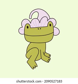 Cute frog in a flower hat. Funny cartoon doodle character for shirt, kids wearing, other trendy designs.