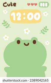 Cute frog with flower and leaf on green pastel background.Phone screen wallpaper.Reptile animal character cartoon design.Image for card,poster,sticker.Kawaii.Vector.illustration.