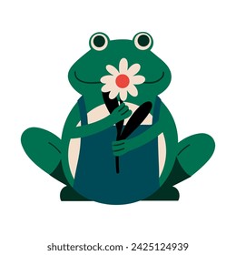 Netter Frosch mit einer Blume in seinen Pfoten. Moderne Gartenkeramik-Figur. Vektor-Illustration im flachen Stil.