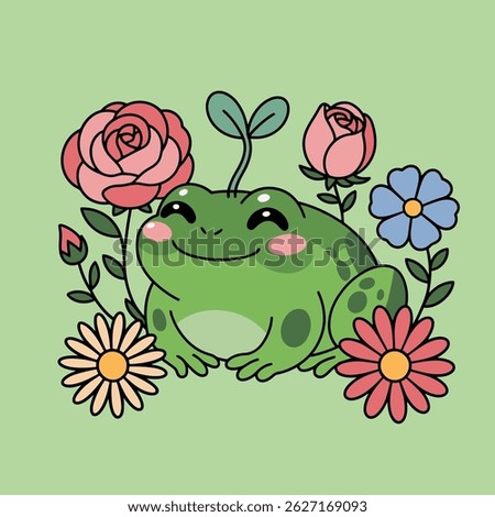 Cute Frog with Flowers Cartoon Illustration