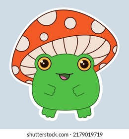 Cute frog with a fly agaric hat, sticker on a gray background. Children's vector illustration