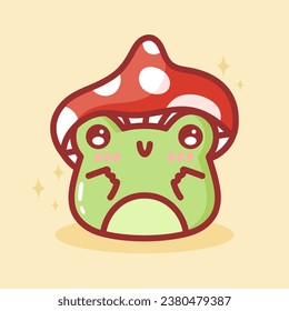 Cute Frog with Fly Agaric Hat. Kawaii Frog with Mushroom on Head. Cute Child Character. Fairytale toad. Vector illustration in Flat style