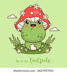 Netter Froschfliegenpilz. Lustige Cartoon Tier Kawaii Charakter. Vektorgrafik. Kindersammlung