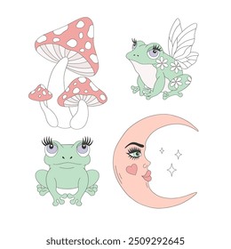 Cute frog Fly-agaric Crescent vector clip-art set isolated on white. Coquette Halloween illustration.