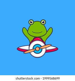 Cute frog flying on a plane. Animal cartoon concept isolated. Can used for t-shirt, greeting card, invitation card or mascot.