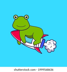 Cute frog flying on rocket. Animal cartoon concept isolated. Can used for t-shirt, greeting card, invitation card or mascot.