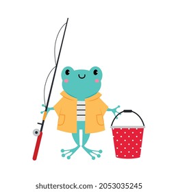 Cute Frog as Forest Animal in Coat with Bucket and Fishing Rod Vector Illustration