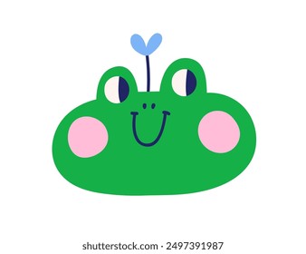 Linda rana en estilo de doodle cómico divertido. Adorable cabeza de animal de bebé kawaii. Cara sonriente peculiar, sapo. Carácter infantil. Ilustración vectorial gráfica plana infantil infantil aislada sobre fondo blanco