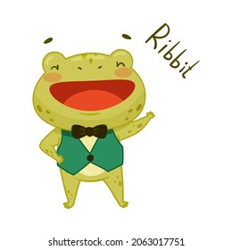 Cute frog gentleman in vest and bow tie. Green funny amphibian toad character cartoon vector illustration