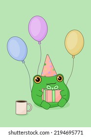 Cute frog with a gift and balloons. Children's vector illustration, birthday card