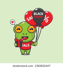 cute frog with gifts and balloons in black friday sale cartoon vector illustration