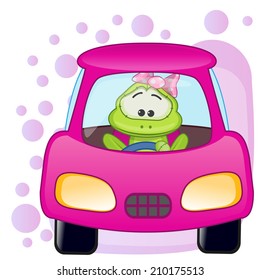 Cute Frog girl is sitting in a car 