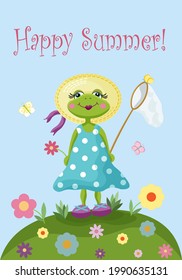 A cute frog girl wearing a dress and a hat, Happy summer card, a girly frog with a butterfly catcher on a green meadow, a beautiful summer day with a cute animal character, retro-looking pretty froggy