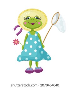 A cute frog girl wearing a dress and a hat, a girly frog with a butterfly catcher, a cute animal character, retro-looking pretty froggy