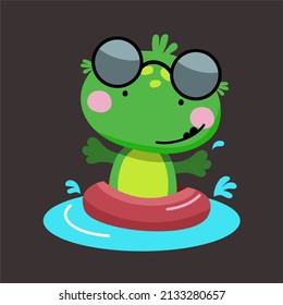 Cute Frog with glasses swims in a lifebuoy in the pool.  Isolated vector illustration in a flat 