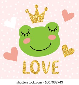 Cute frog with golden glittering crown vector illustration