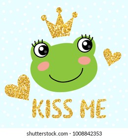 Cute frog with golden glittering crown vector illustration