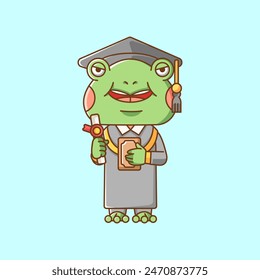 Cute frog graduation diploma animal kawaii chibi character mascot illustration outline style design set