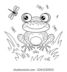 Cute frog in the grass. Black and white linear drawing. For children's design of coloring books, prints, posters, cards, puzzles, stickers and so on. Vector
