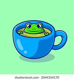 Cute Frog In Green Tea Cartoon Vector Icon Illustration. Animal Drink Icon Concept Isolated Premium Vector. Flat Cartoon Style