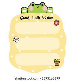 Cute frog greeting on paper note.To do list.Stationary.Writing.Flower,strawberry,plant pots.Reptile animal character cartoon design.Kawaii.Vector.Illustration.