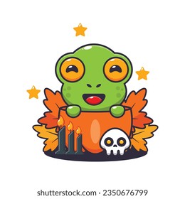 Cute frog in halloween pumpkin. Cute halloween cartoon illustration.
