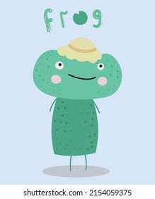 Cute frog in a hat isolated on a white background. A creative cartoon amphibian in a hand-drawn style. Vector illustration for postcards, posters, T-shirt design, clothing...
