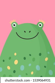 Cute frog head flat vector illustration. Adorable wildlife amphibian face decorative background in cartoon style. Green bullfrog animal childish backdrop. Kids zoo card colorful design idea.