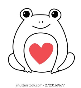 Linda rana con un corazón. Doodle, ilustración lineal