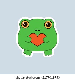 Cute frog with a heart, sticker on a gray background. Children's vector illustration